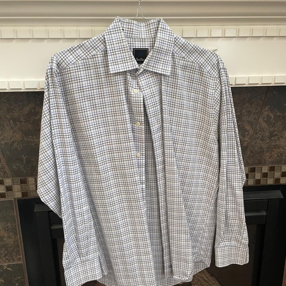 David Donahue Men's White and Blue Plaid Shirt